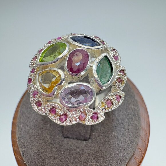 VTG Sterling Silver 925 Citrine Peridot Multi-Stone Statement Ring Size 8.5 - Picture 6 of 10
